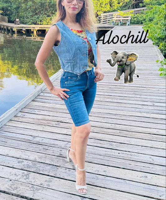 blue denim vest with v-neck